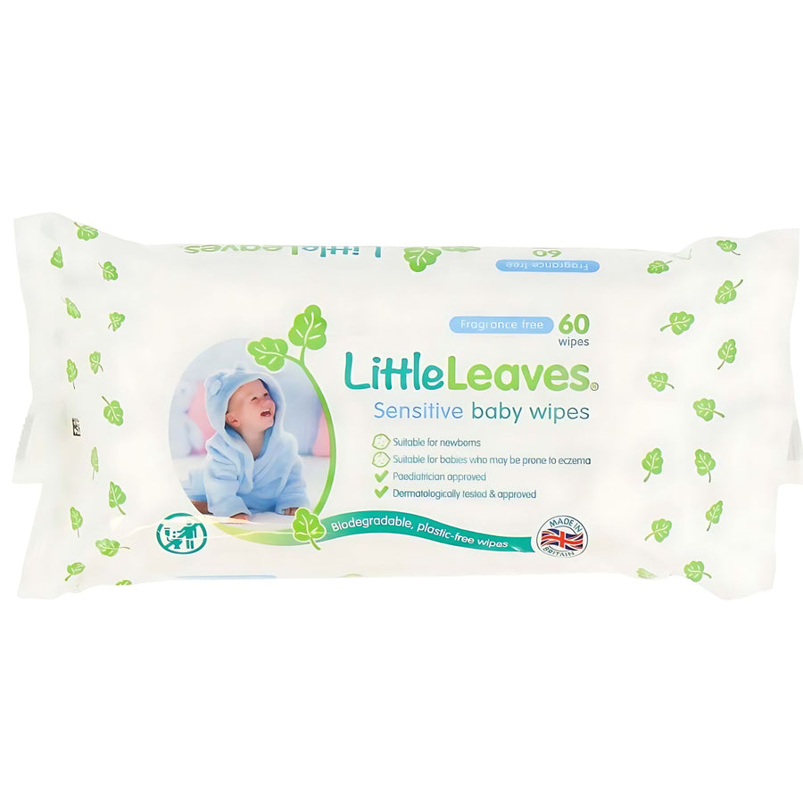 Little Leaves Sensitive Baby Wipes, 60-count pack, are fragrance-free and hypoallergenic, designed for sensitive skin. The packaging features a baby image and product details on the front.