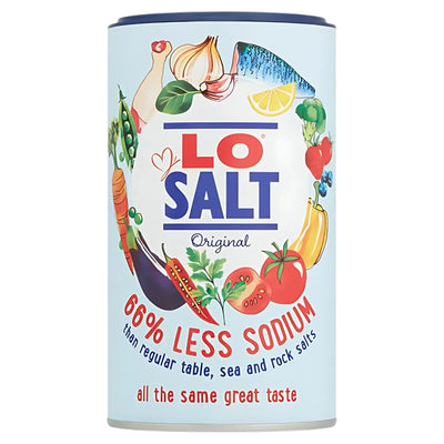 A 350g cylindrical container of Lo Salt - Low Sodium Salt, a healthy alternative with vibrant vegetable and fish illustrations, stating it contains 66% less sodium than regular salt.