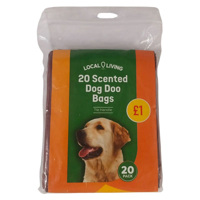 A 20-pack of Local Living Dog Doo Bags in plastic packaging, featuring a dog image and a £1 price label.