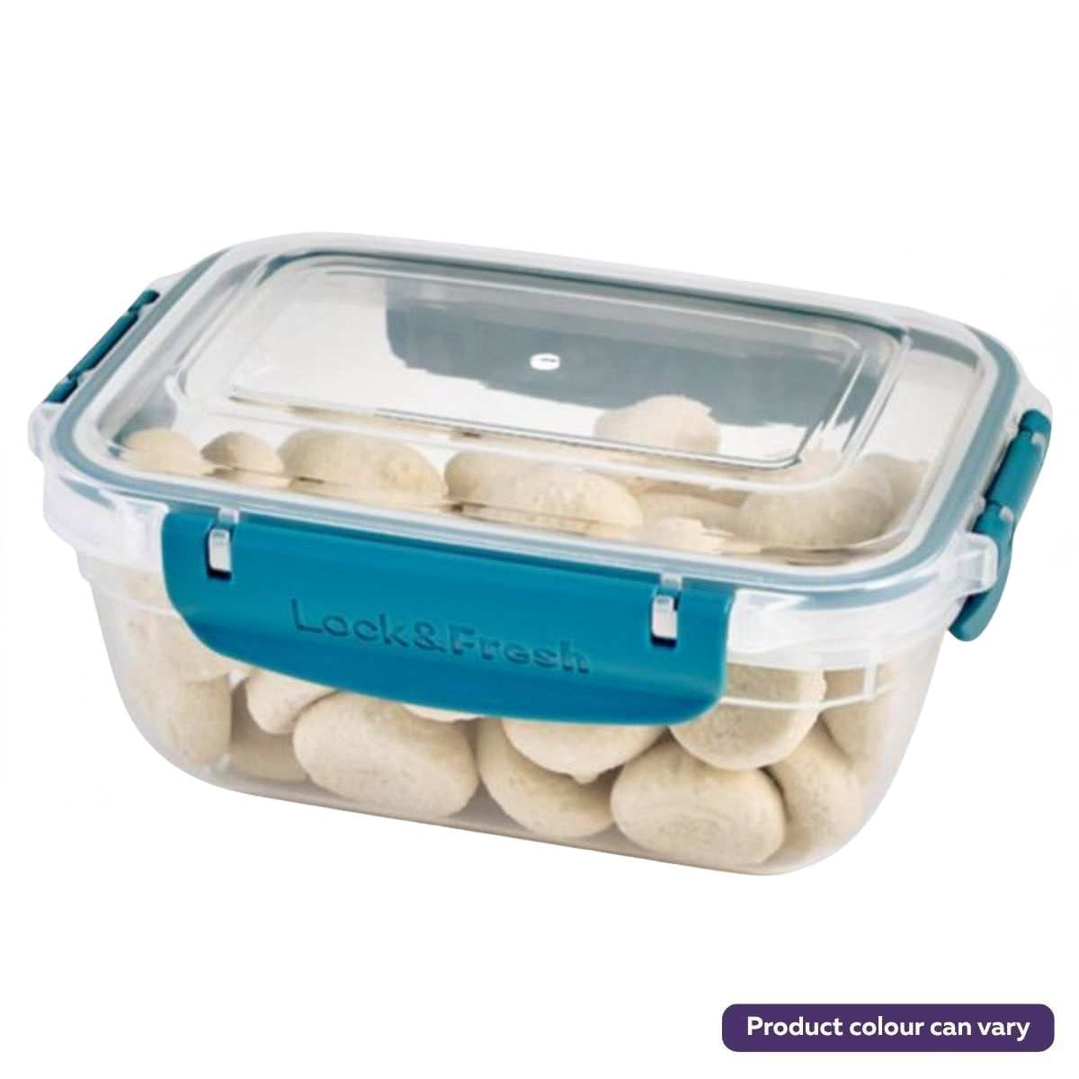 The Lock & Fresh Master Seal Rectangle Storage Container (2300ml) is a clear, BPA-free container with a blue latch, ideal for keeping food fresh. Airtight design; color may vary.
