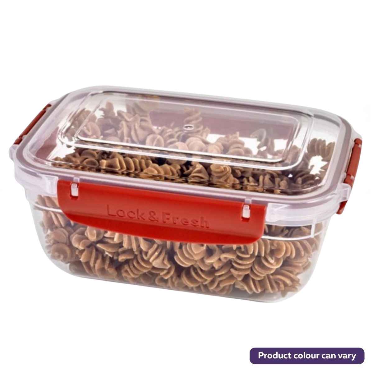The Lock & Fresh - Master Seal Rectangular Storage Container (1400ml) features red latches and airtight clear plastic, perfect for storing dried rotini pasta and keeping food fresh longer. The container is branded with "Lock & Fresh.