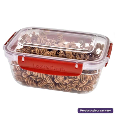 The Lock & Fresh - Master Seal Rectangular Storage Container (1400ml) features red latches and airtight clear plastic, perfect for storing dried rotini pasta and keeping food fresh longer. The container is branded with "Lock & Fresh.
