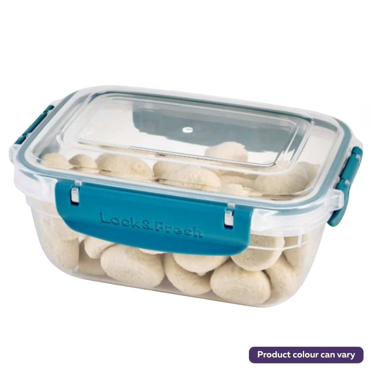 Lock & Fresh - Master Seal Rectangular Storage Container (800ml), BPA-free clear plastic with teal clips, shown filled with round light-colored food. Product color may vary.