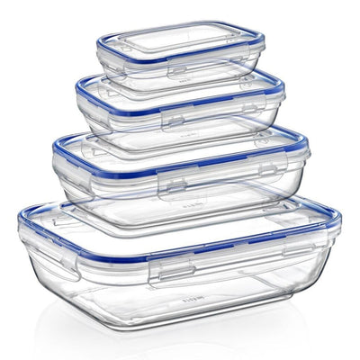 The Lock & Fresh - Seal Rectangular Plastic Storage Containers - 4pcs by Lock & Fresh includes four clear containers with blue lids, each a different size and featuring airtight seals for efficient, stackable food storage.