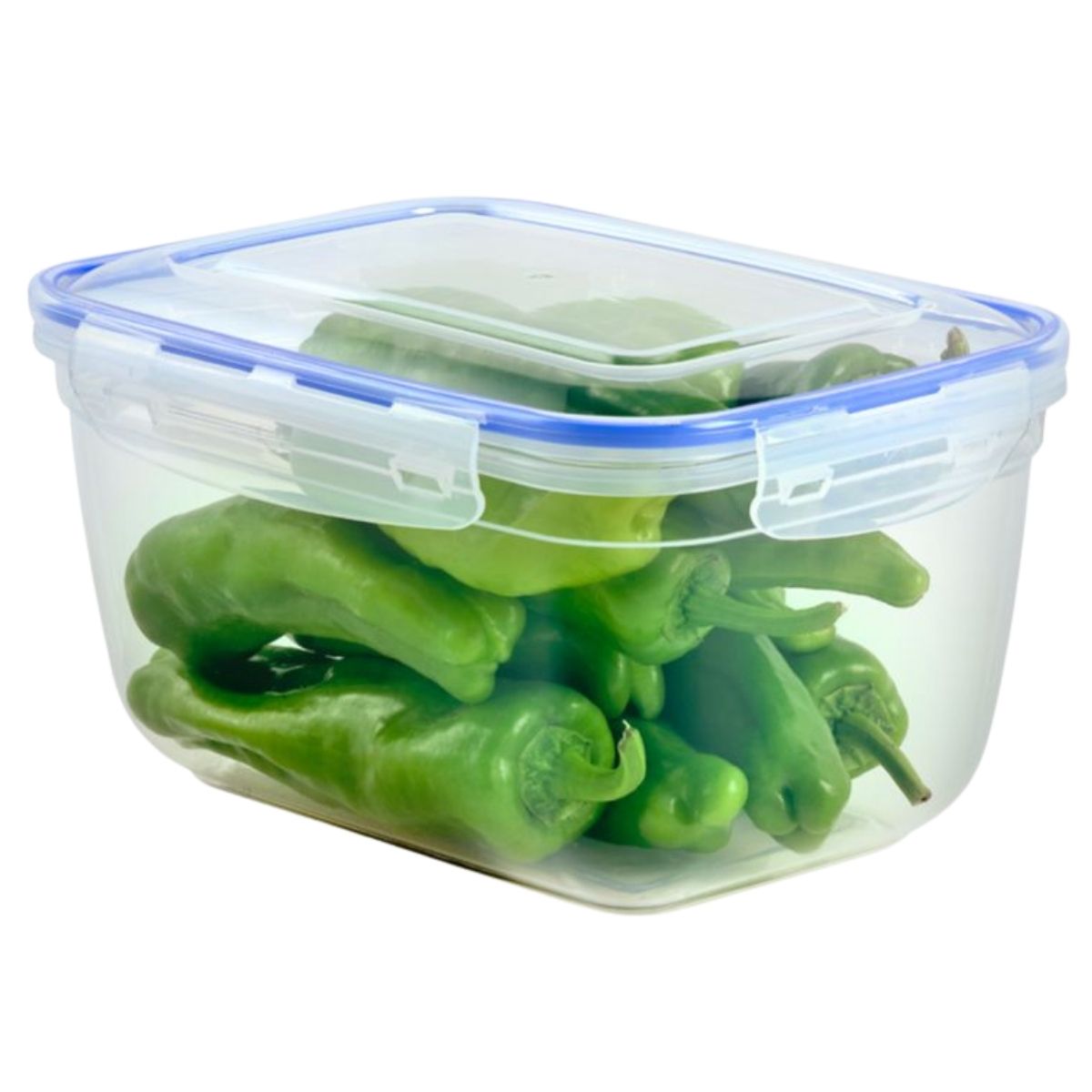 The Lock & Fresh - Seal Rectangle Storage Container (3000ml) from Lock & Fresh is a clear plastic box with a translucent lid and blue locking clips, shown filled with fresh green chili peppers.