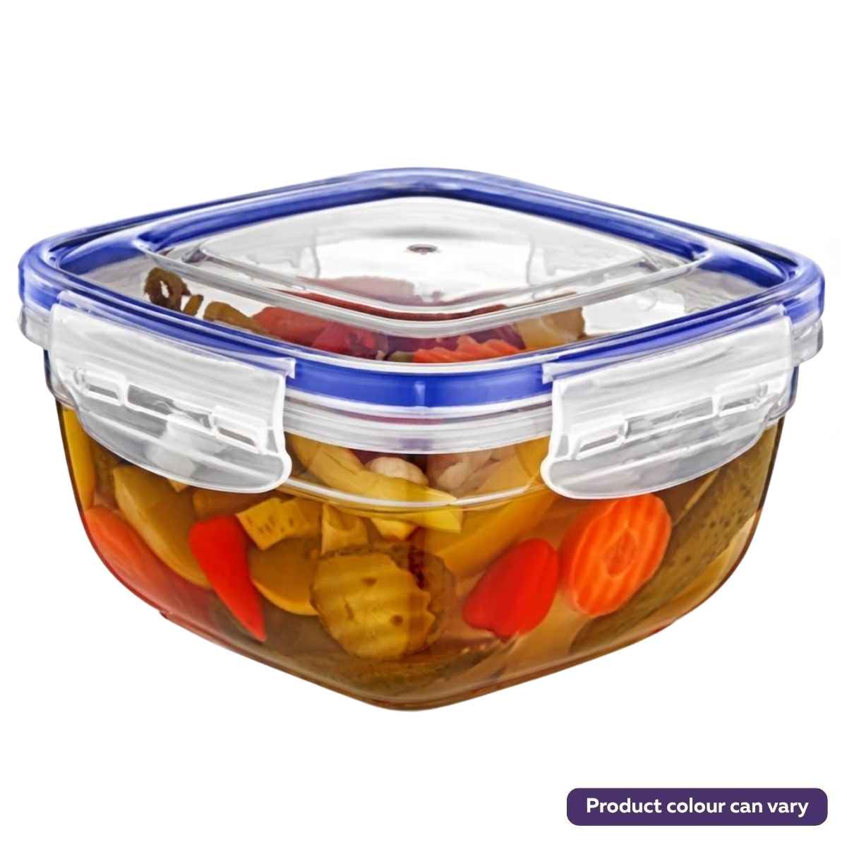 The Lock & Fresh - Seal Square Plastic Storage Container 1500ml has a blue-edged snap-on lid and is microwave safe and leakproof, perfect for keeping snacks fresh. Note: Product colour can vary.