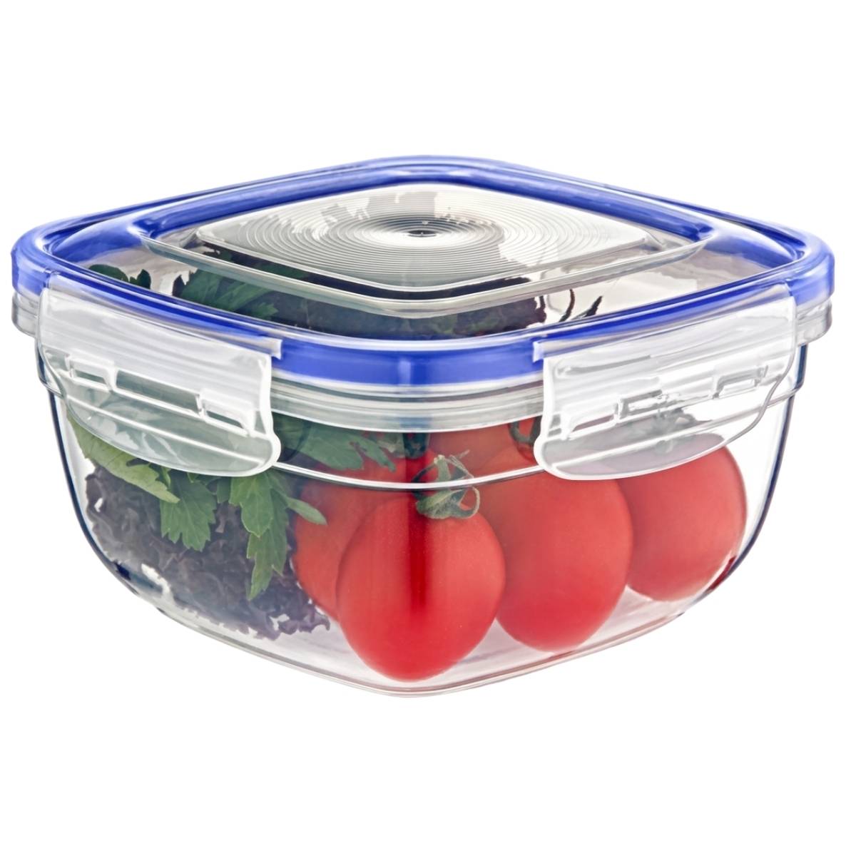 Clear food storage container with blue lid holding tomatoes and greens on a white background