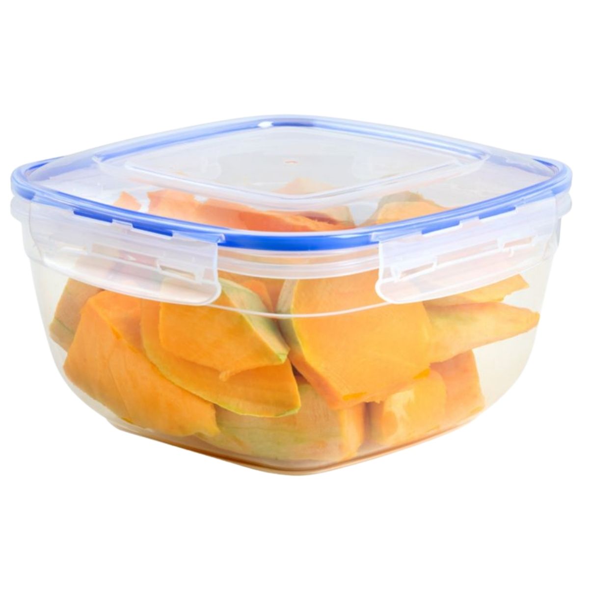 Clear container with blue lid holding sliced yellow fruit on a white background