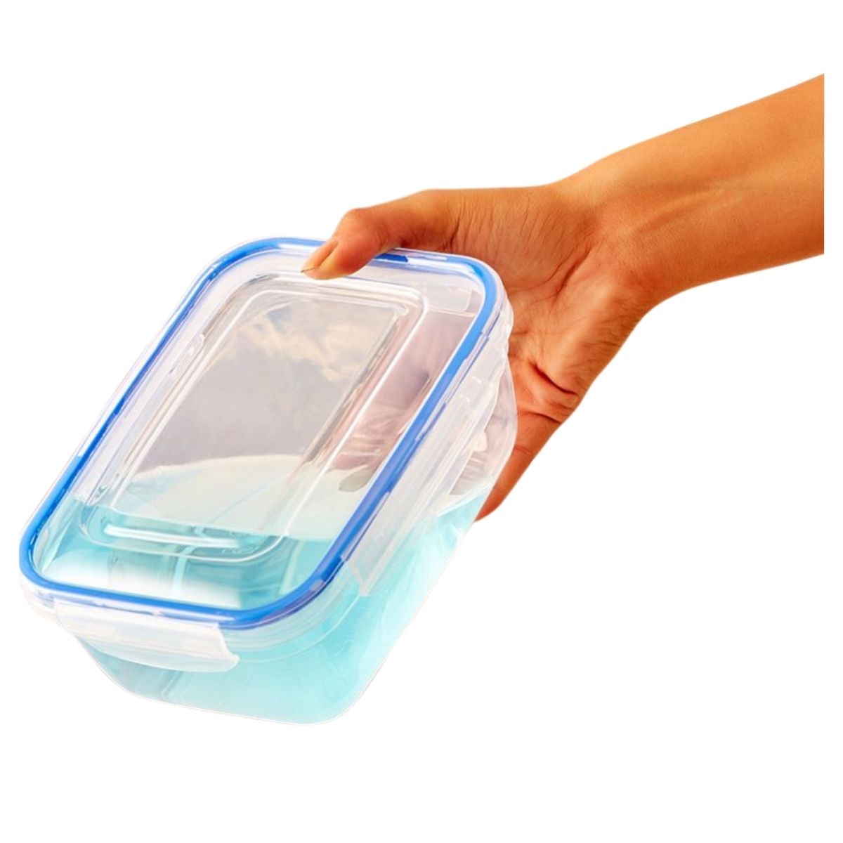 A hand holds the Lock & Fresh - Seal Rectangle Storage Container (3000ml) filled with blue liquid, featuring a tightly sealed lid from the Lock & Fresh brand.