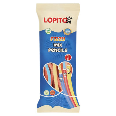 Package of Lopito - Fizzy Mix Pencil - 150g candy featuring colorful, fruit-flavored gummy sticks with cartoon faces on the front.
