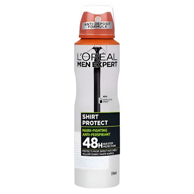 A 150ml can of Loreal Men Expert Mark Fighting Anti-Perspirant offers 48-hour protection with an anti-deposit formula and comes in sleek white, black, and orange packaging.