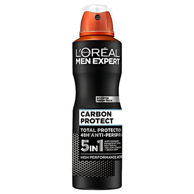 A black and orange 150ml spray can of Loreal Men Expert Total Protection Anti-Perspirant offers high-performance, 48-hour protection against sweat and odor.