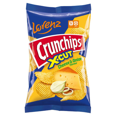 Lorenz Crunchips X-Cut Cheese & Onion Flavour Crisps, 130g, are made with sunflower oil and packed with gluten-free ingredients. The packaging showcases tempting cheese and onion images for a delectable snack.