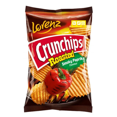 A bag of Lorenz Crunchips Roasted Smokey Paprika Flavour Crisps - 120g offers rippled potatoes seasoned with paprika powder, cooked in sunflower oil, with a vibrant red pepper on the packaging for that ultimate crunch.