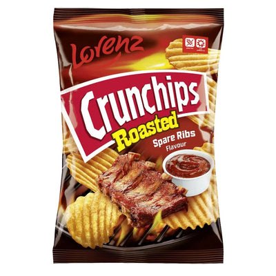 Enjoy the bold taste of Lorenz Crunchips Roasted Spare Ribs Flavour Crisps (120g)—gluten free, ridged potato chips with spare ribs flavour. The pack features vibrant images of ribs and a bowl of sauce for extra appeal!.