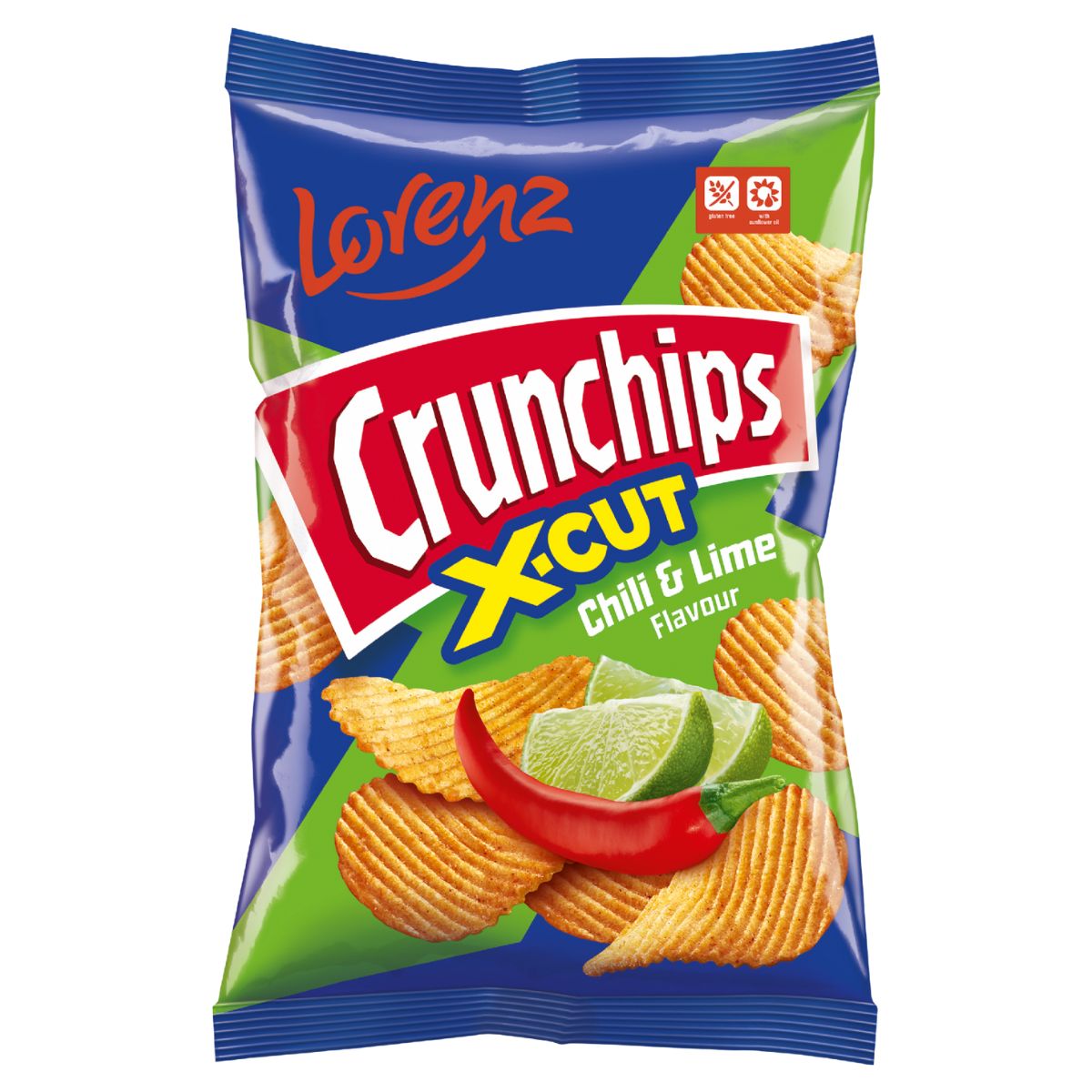 A 130g bag of Lorenz - Crunchips X-Cut Chilli & Lime Flavour Crisps, featuring images of chips, a lime wedge, and a chili pepper on the packaging.