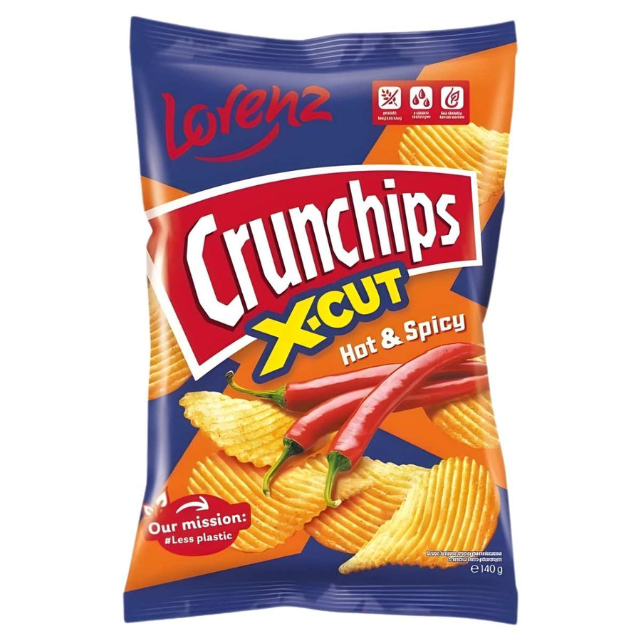 A 130g bag of Lorenz Crunchips X-Cut Hot & Spicy crisps, featuring crinkle cut potato chips and red chili peppers depicted on the packaging.