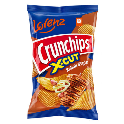 A 150g bag of Lorenz Crunchips X Cut Kebab Flavour Crisps delivers the kebab essence with its signature X-Cut design, vividly showcasing rippled chips, tempting kebab slices, onion rings, and garlic on the packaging.