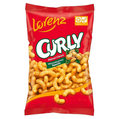 A red bag of Lorenz - Curly Corn Snack Peanut Classic (120g), a crunchy peanut-flavored snack with images of the treats and peanuts on the front.