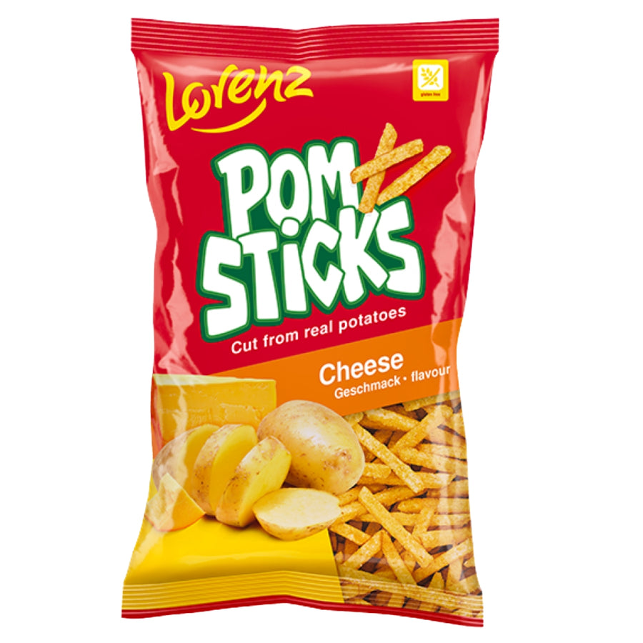 A bag of Lorenz Pom Sticks Cheese flavor potato sticks on a plain white background.