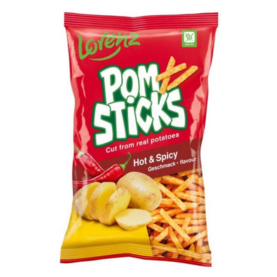 A red bag of Lorenz Pom Sticks Hot & Spicy (85g) shows spicy potato snacks, whole potatoes, and red chili peppers on the front.