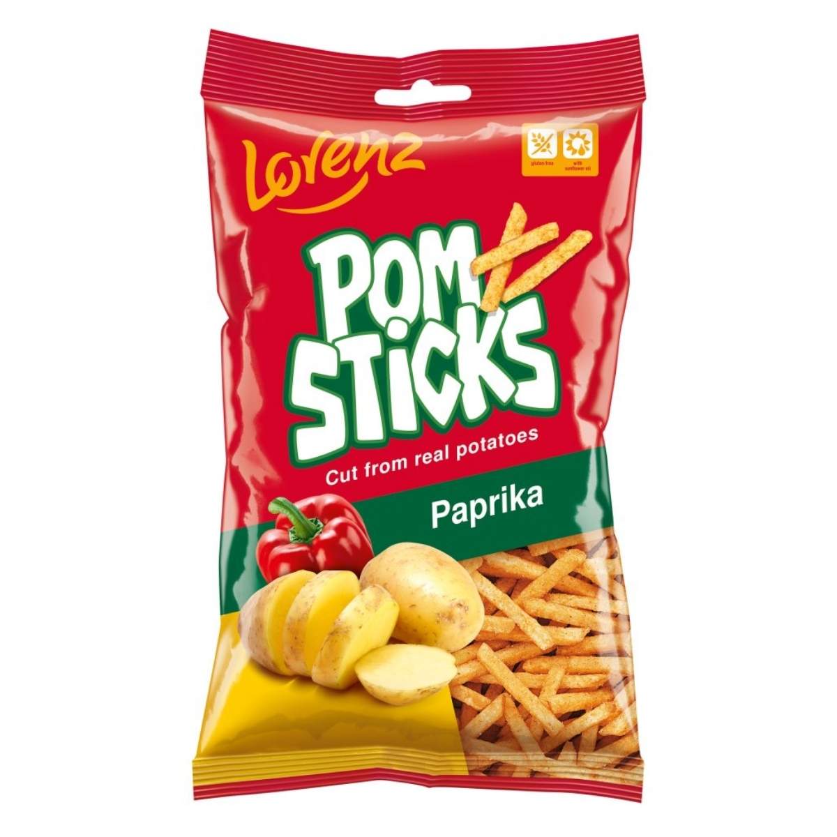 An 85g package of Lorenz Pom Sticks Paprika, a savory snack with paprika flavor, featuring crispy potato slices and red pepper images on the front.