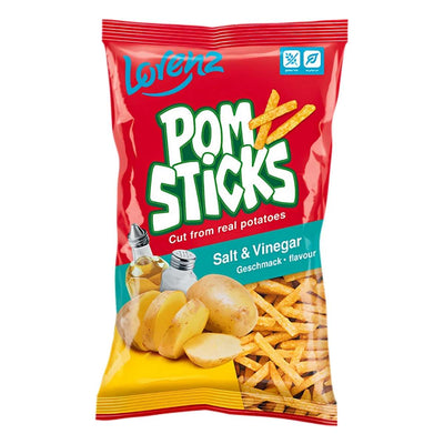 The Lorenz Pom Sticks Salt & Vinegar 85g pack features bold red and yellow colors with images of potatoes, salt shakers, and fries on the front, offering a zesty snack from the Lorenz brand.