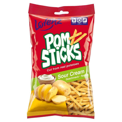 A red and green bag of Lorenz Pom Sticks Sour Cream (85g) featuring crispy potato sticks, a potato, and a dip on the front.