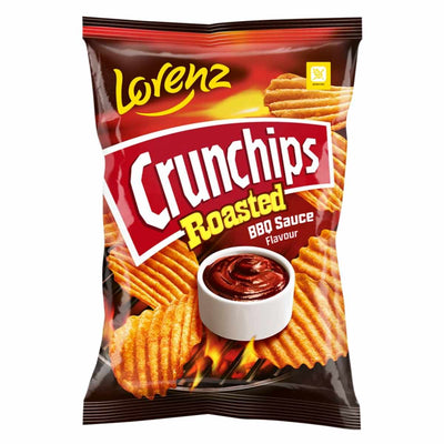 The packaging of Lorenz Crunchchips Roasted BBQ Sauce Flavour Crisps (120g) features wavy, crunchy chips and mouthwatering barbecue sauce, enticing you to enjoy their delicious taste.