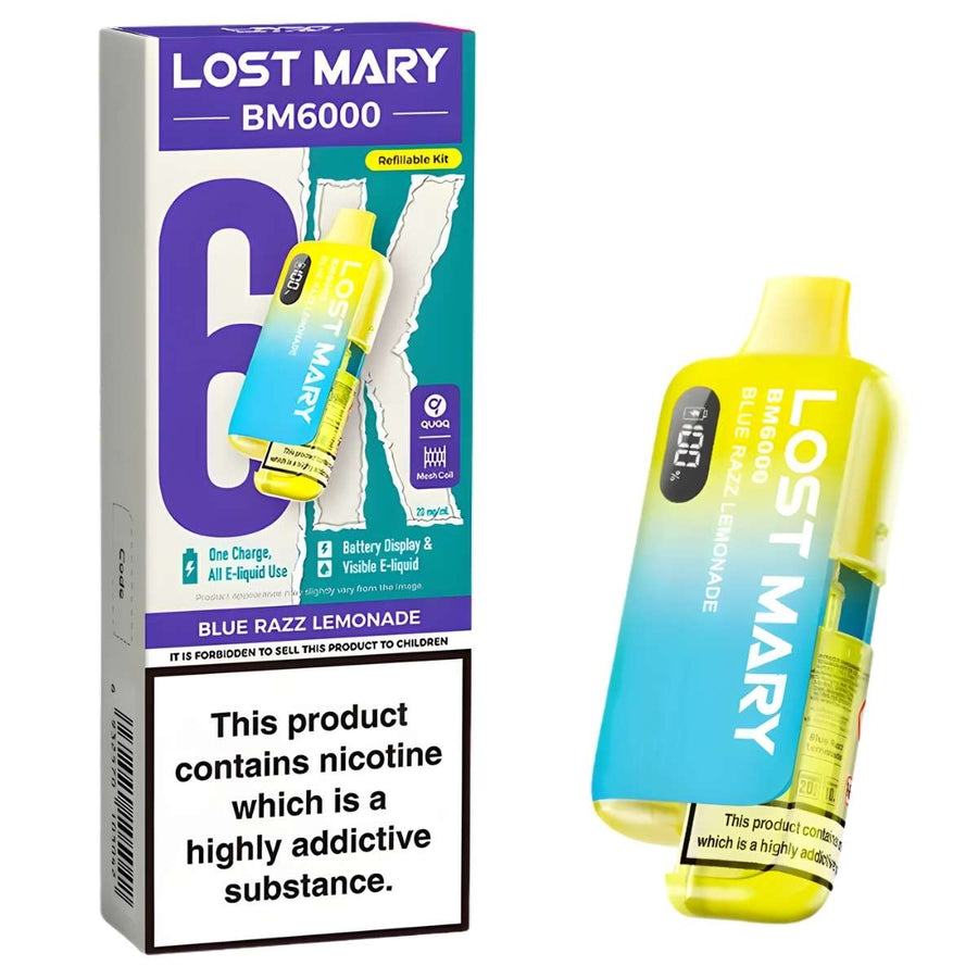 Lost Mary - Blue Razz Lemonade BM6000 Prefilled Pod Vape Kit (20mg/mL) by Lost Mary includes a nicotine warning, one charge feature, battery display, all e-liquid used, and a convenient refillable pod for easy vaping.
