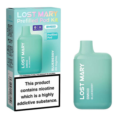 A Lost Mary - Blueberry BM600 Prefilled Pod Vape Kit (20mg/mL) with packaging that includes a nicotine warning label and product info, offering high-quality Nicotine Salt for a smooth vaping experience.