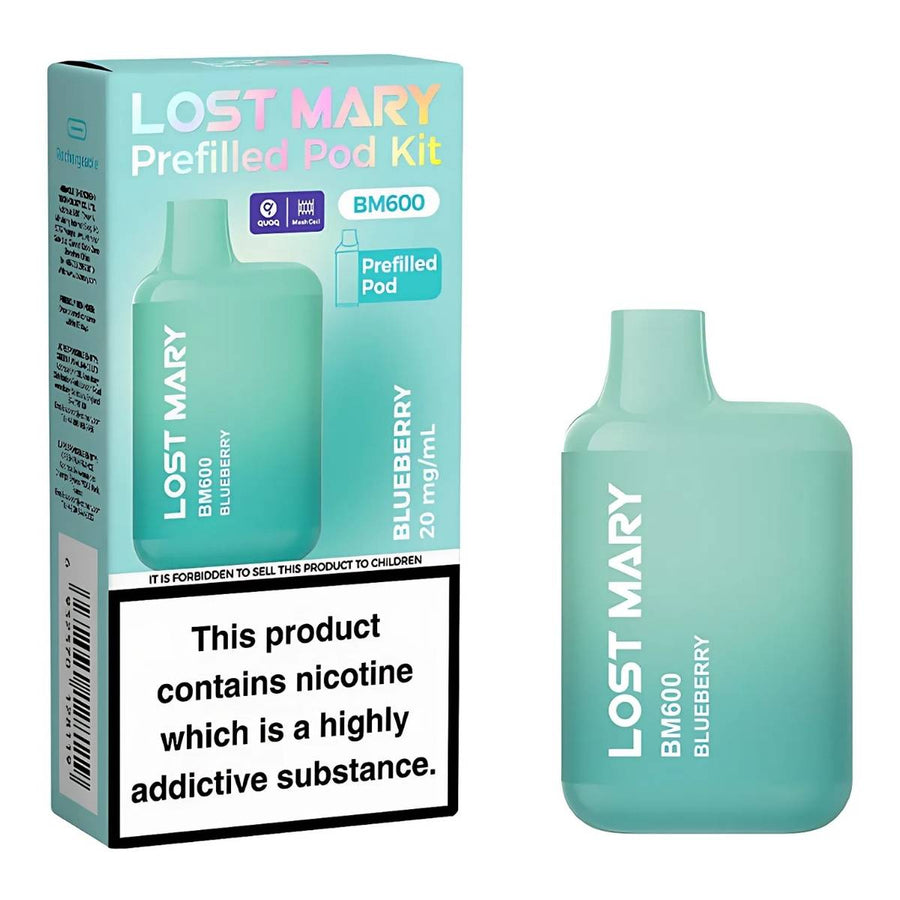 A Lost Mary - Blueberry BM600 Prefilled Pod Vape Kit (20mg/mL) with packaging that includes a nicotine warning label and product info, offering high-quality Nicotine Salt for a smooth vaping experience.