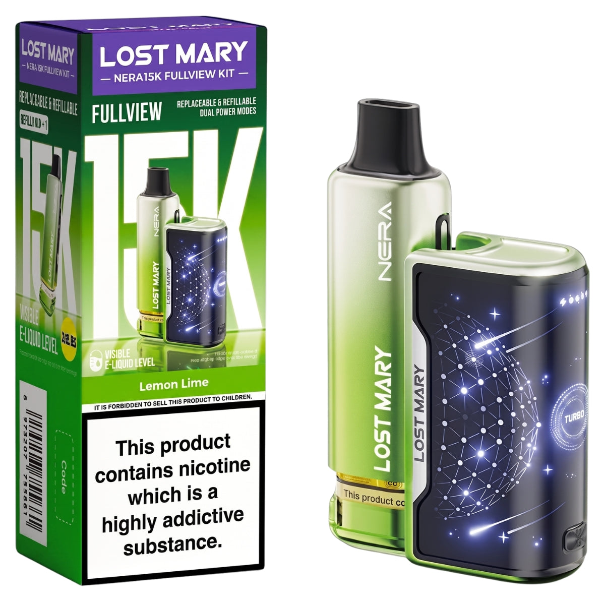 Lost Mary - Nera15K Lemon Lime Fullview Kit (20mg/mL) by Lost Mary, with box and vape device shown. The packaging features a nicotine warning and product information.