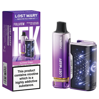 A purple and black Lost Mary Nera15K Summer Grape Fullview Kit with a separate screen component, shown next to its prefilled pod kit packaging.