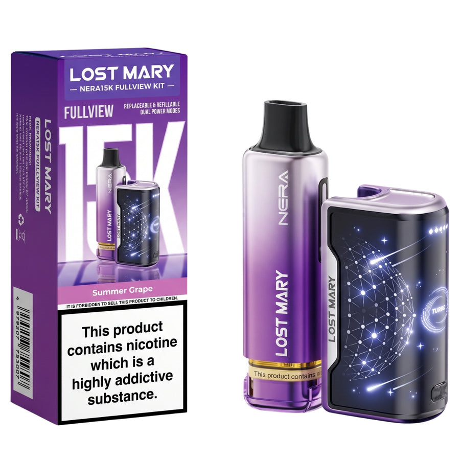 A purple and black Lost Mary Nera15K Summer Grape Fullview Kit with a separate screen component, shown next to its prefilled pod kit packaging.