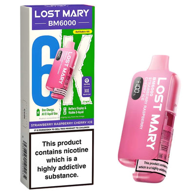 A Lost Mary - Strawberry Raspberry Cherry Ice BM6000 Prefilled Pod Vape Kit (20mg/mL) and its packaging, branded by Lost Mary, with a nicotine warning stating it is a highly addictive substance.