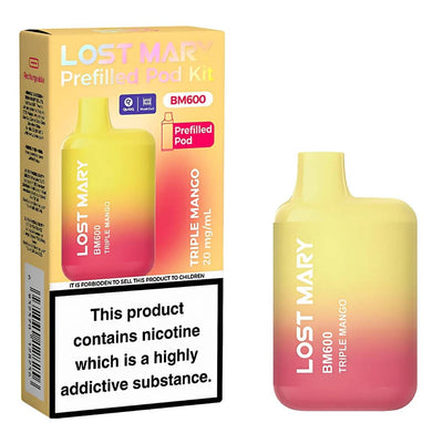 A Lost Mary - Triple Mango BM600 Prefilled Pod Vape Kit - mg/mL is displayed beside its box, which features a nicotine addiction warning label on the front.