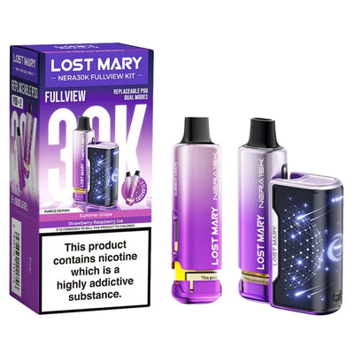 Three Lost Mary - NERA 30K Purple Edition Prefilled Pod Vape Kits (20mg/mL) with packaging display a nicotine warning: contains Nicotine Salt, a highly addictive substance.