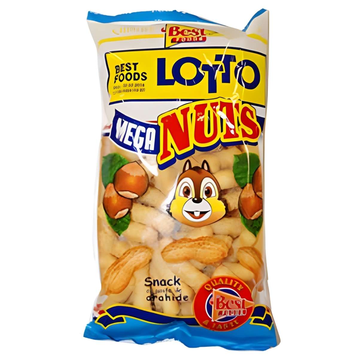 Lotto Mega Nuts 60g: A tasty corn snack from Lotto, featuring colorful yellow, blue, and red packaging with cartoon chipmunk, hazelnut, and peanut illustrations. Enjoy the rich flavor enhanced with added peanut paste.