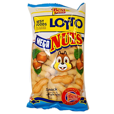 Lotto Mega Nuts 60g: A tasty corn snack from Lotto, featuring colorful yellow, blue, and red packaging with cartoon chipmunk, hazelnut, and peanut illustrations. Enjoy the rich flavor enhanced with added peanut paste.