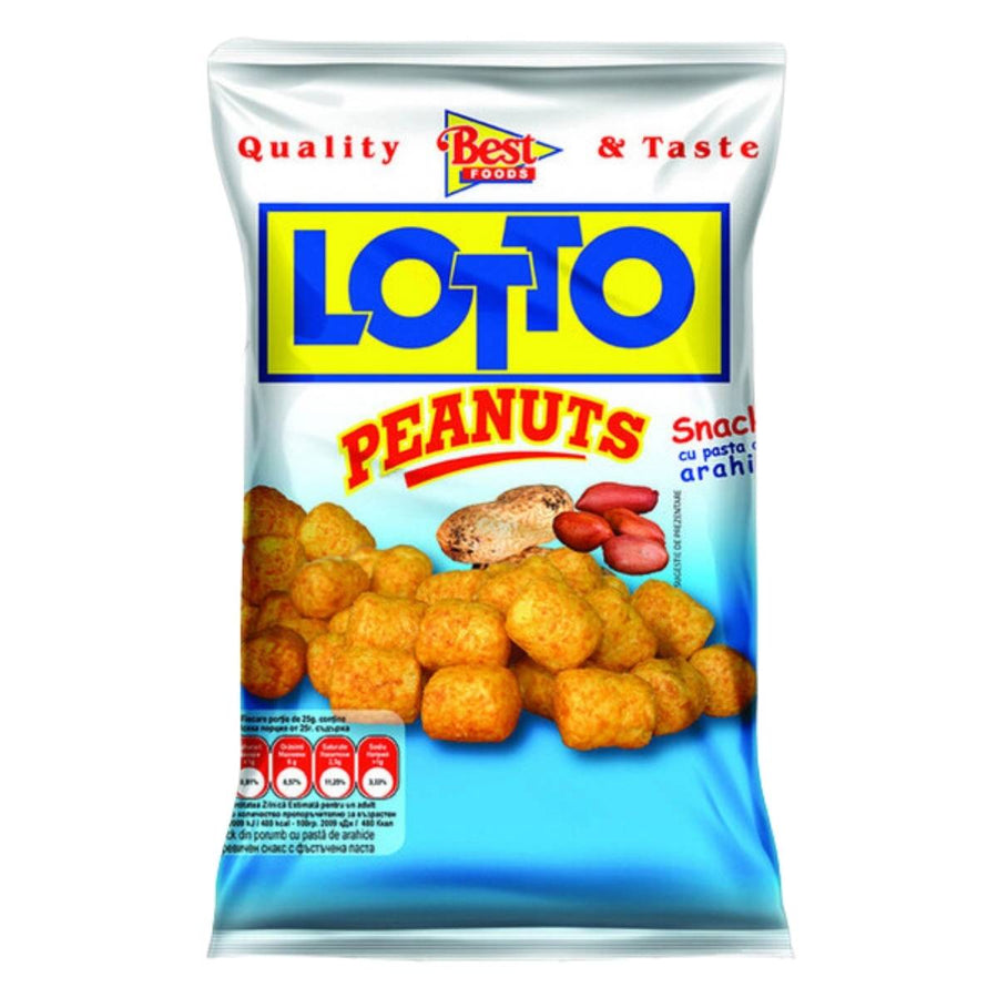 A 90g bag of Lotto Peanuts Corn Puff Snack, highlighting a logo, peanuts image, and description for delicious peanut corn puff snacks.