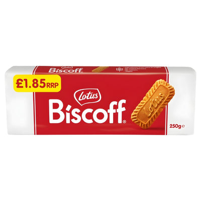 Lotus - Biscoff Original Caramelised Biscuit 250g pack, branded in red and white, with an RRP of £1.85.
