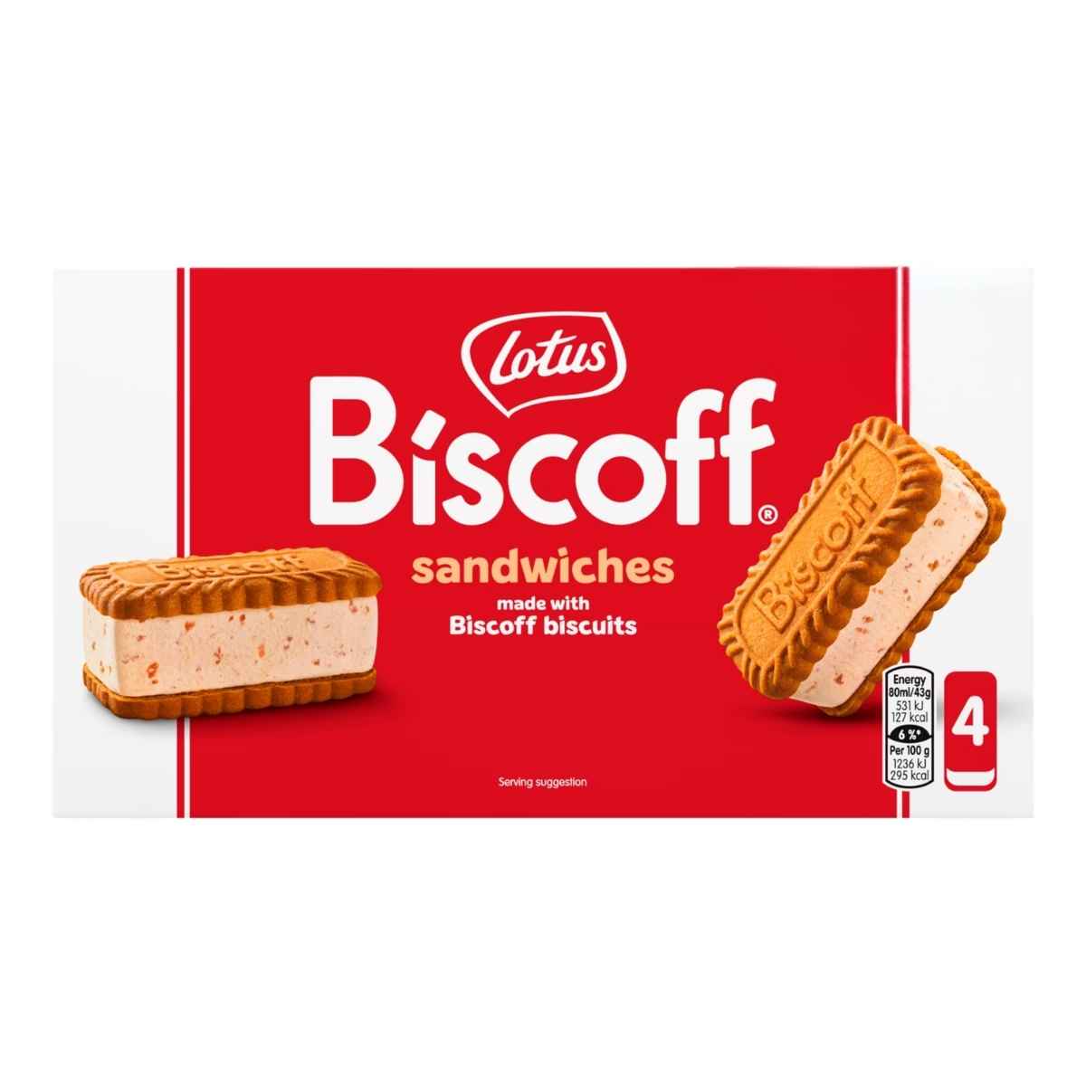 Lotus Biscoff Sandwich Icecream (4 x 80ml) box with branded red and white design—ideal for fans of creamy salted caramel treats.
