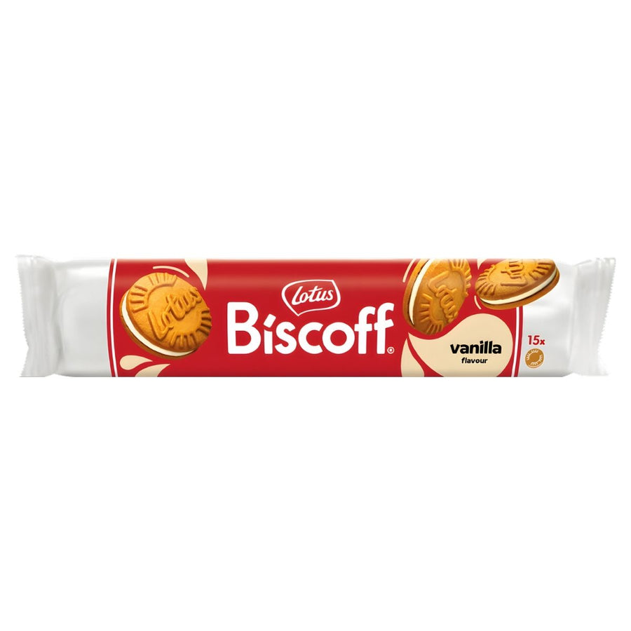 A 150g pack of Lotus Biscoff Vanilla Flavoured Sandwich Biscuits with red and white branding, featuring images of the caramelized biscuits on the wrapper.
