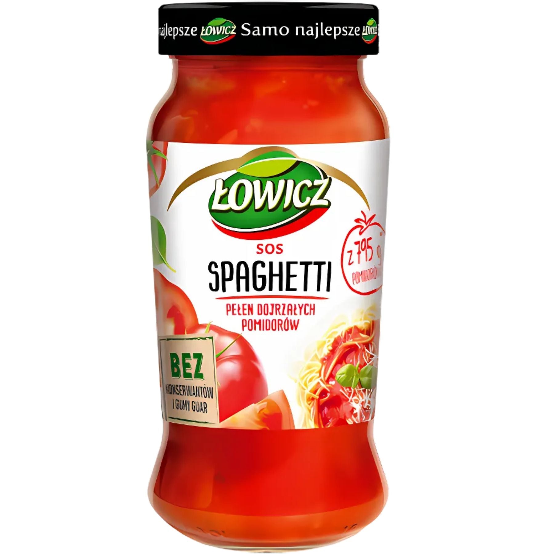 Lowick - Spaghetti Sauce - 500g, made with ripe tomatoes and no preservatives or added sugar, offers an authentic Italian sauce experience—packaged with images of tomatoes and spaghetti on the jar.