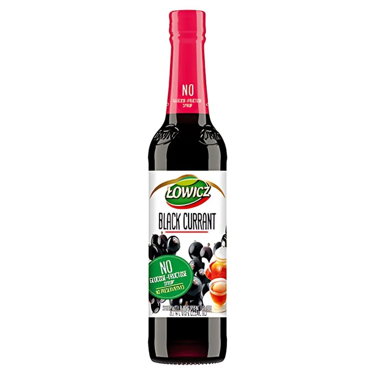 The Lowicz Blackcurrant Syrup - 400ml bottle features a red cap and a label highlighting "No colors, preservatives, or sweeteners," along with images of black currants and apricots to emphasize its rich flavor.