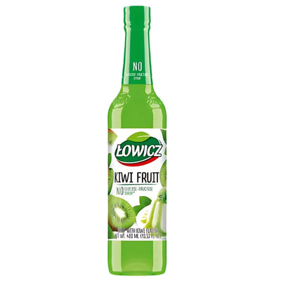 Green bottle of Lowicz kiwi fruit syrup on a white background