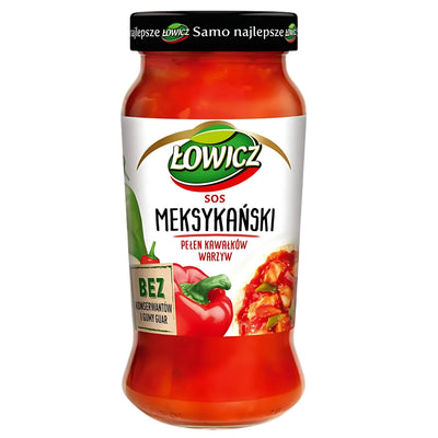 Lowicz Mexican Sauce for Spaghetti (500g) features red pepper and green chili images on the label. Add a vibrant, flavorful twist to your favorite pasta dishes with this delicious Mexican-inspired spaghetti sauce.