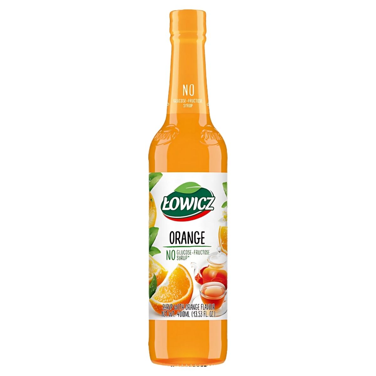 The Lowicz Orange Syrup (400ml) features images of oranges and a refreshing treat on the label, promising tangy sweetness in every sip.