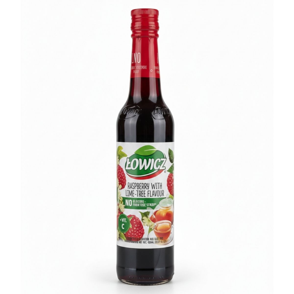 A 400ml bottle of Lowicz Raspberry With Lime Tree Syrup, featuring raspberries and limes on the label.